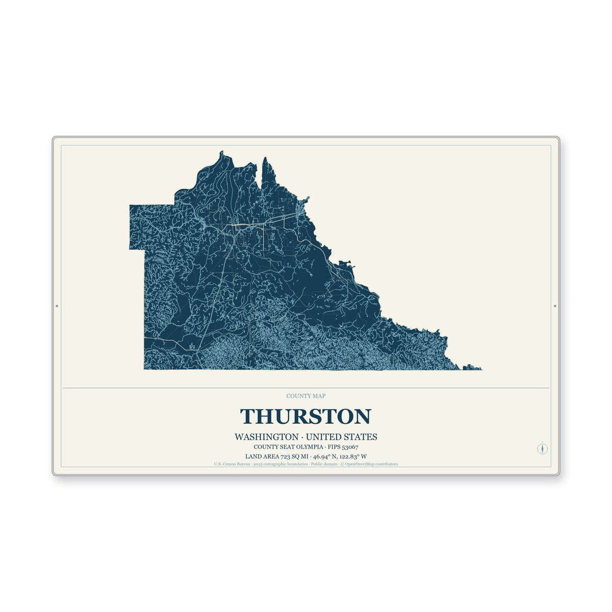 Thurston County, Washington Map Aluminum Sign in Coastal Cutout style