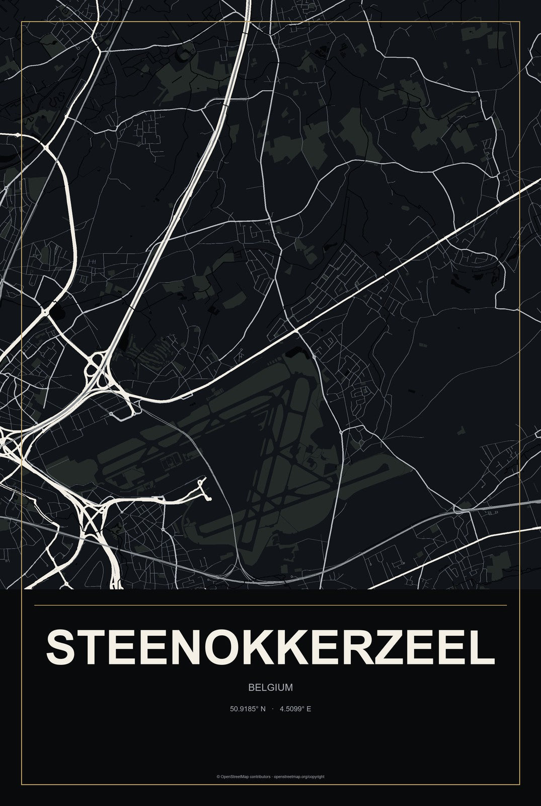 Steenokkerzeel, Belgium City Map Aluminum Sign in Metropolitan Noir style