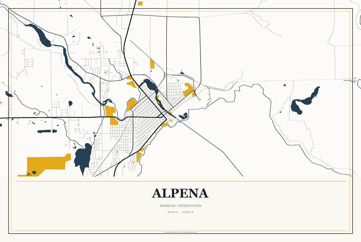 Alpena, Michigan City Map Aluminum Sign in Citrine Modern style
