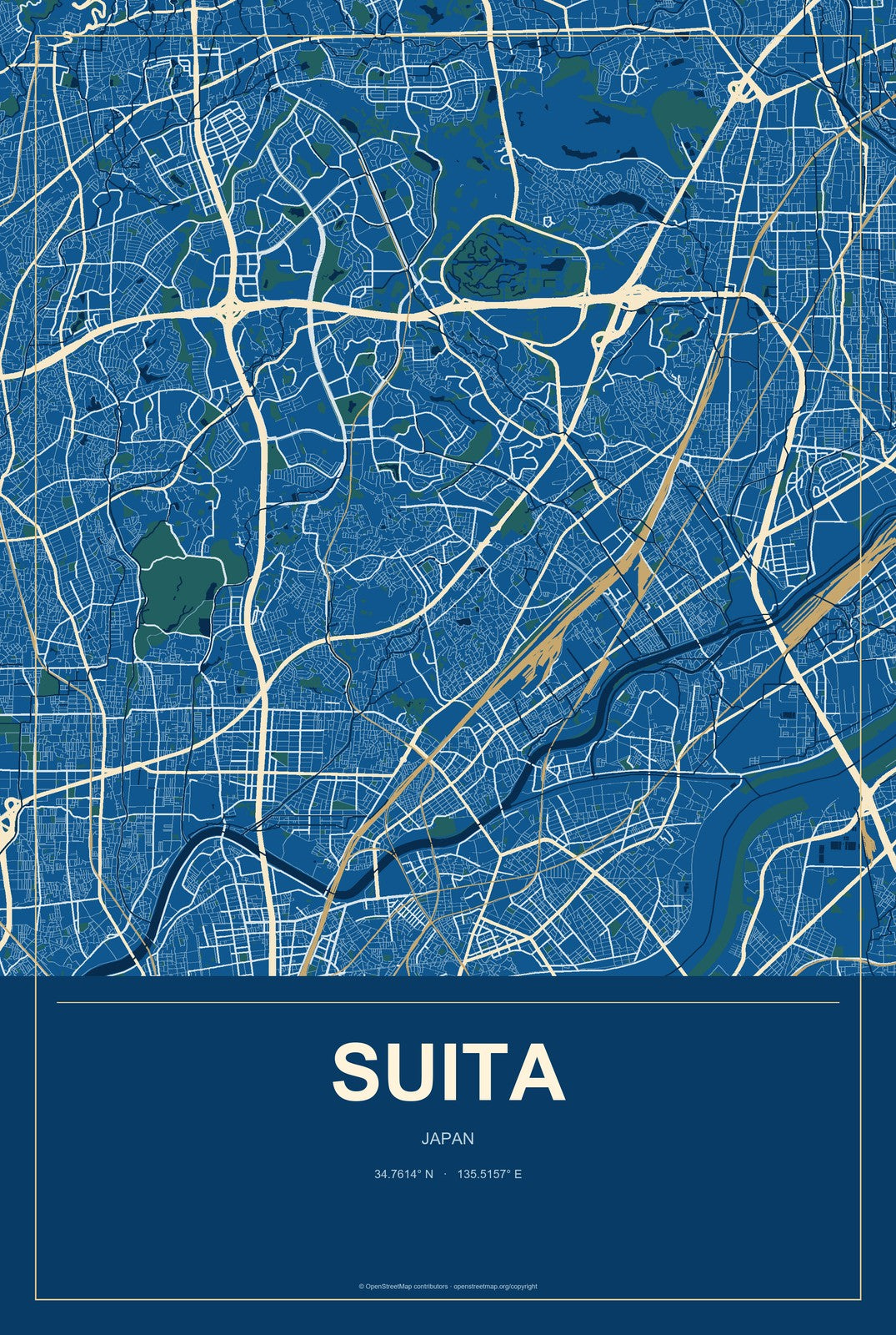 Suita, Japan City Map Aluminum Sign in Harbor Cobalt style