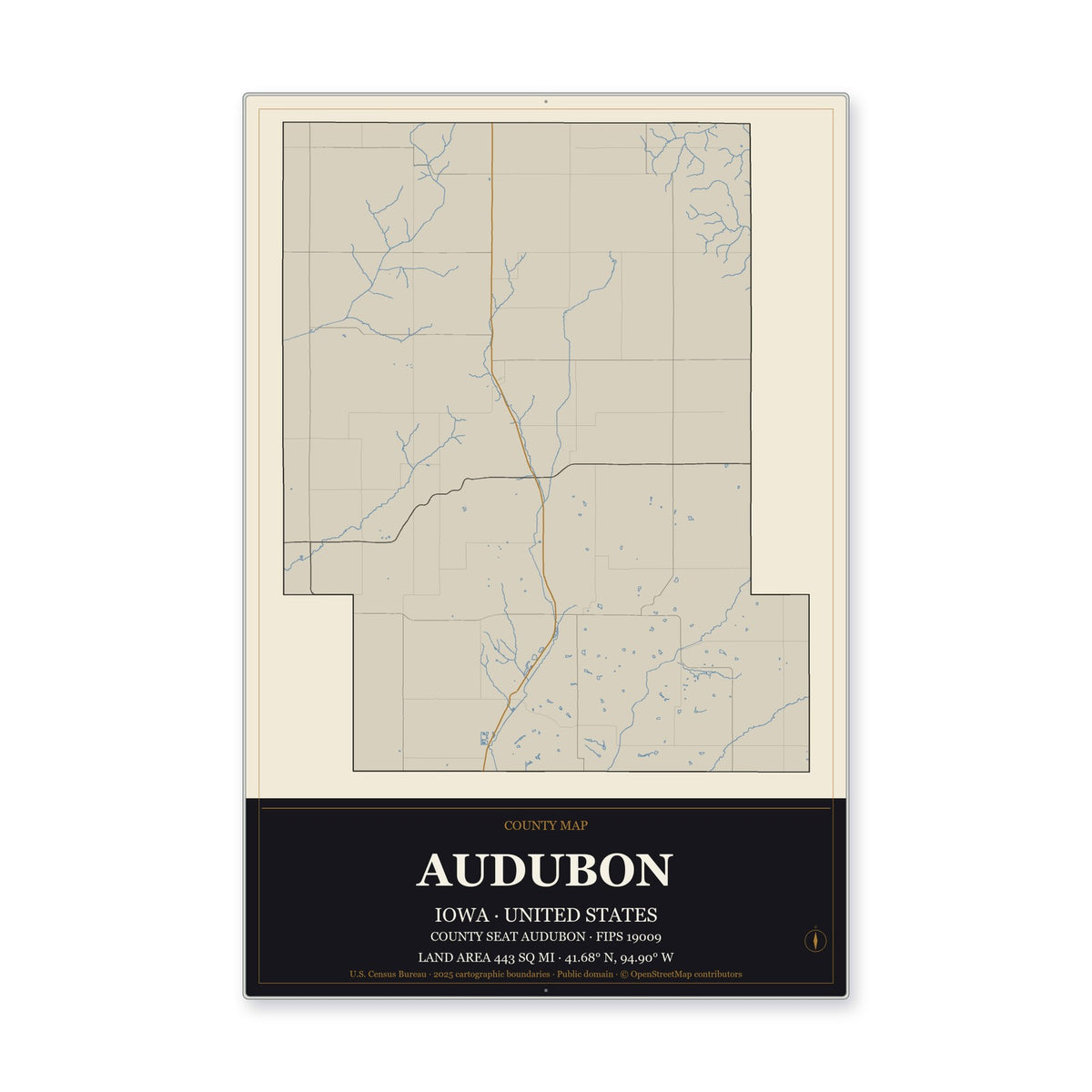 Audubon County, Iowa Map Aluminum Sign in Museum Plaque style