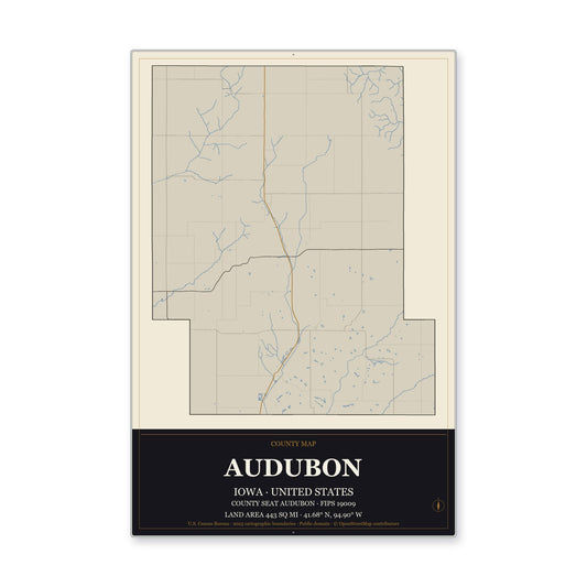 Audubon County, Iowa Map Aluminum Sign in Museum Plaque style