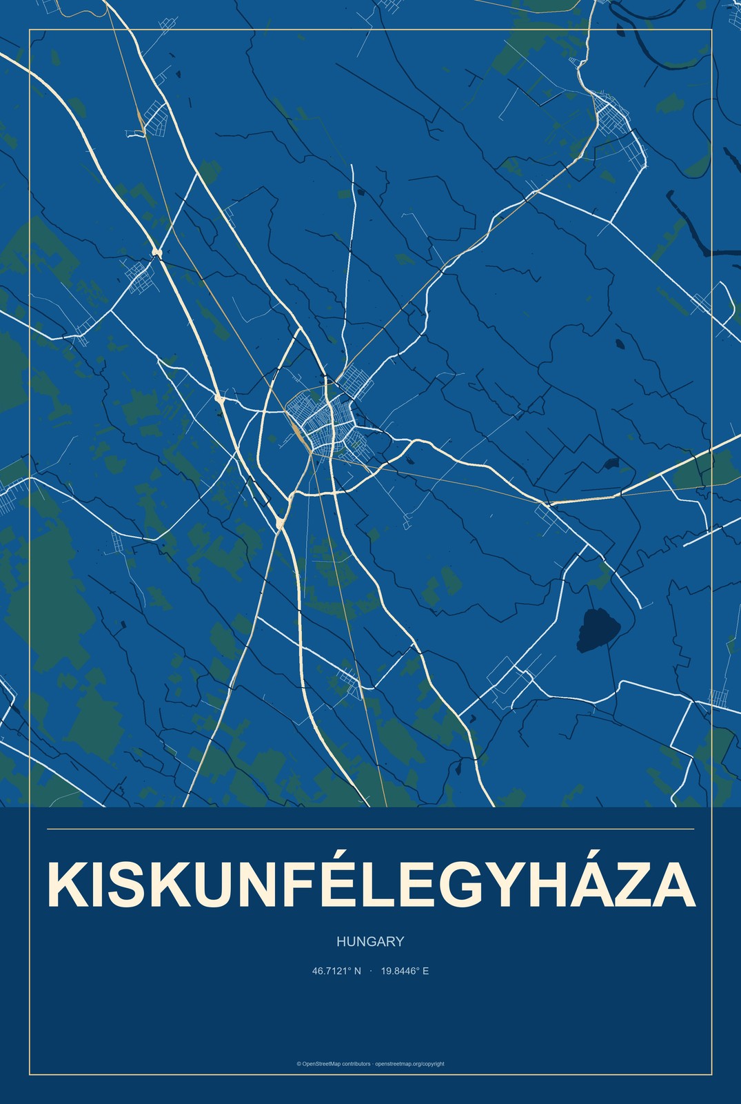 Kiskunfélegyháza, Hungary City Map Aluminum Sign in Harbor Cobalt style