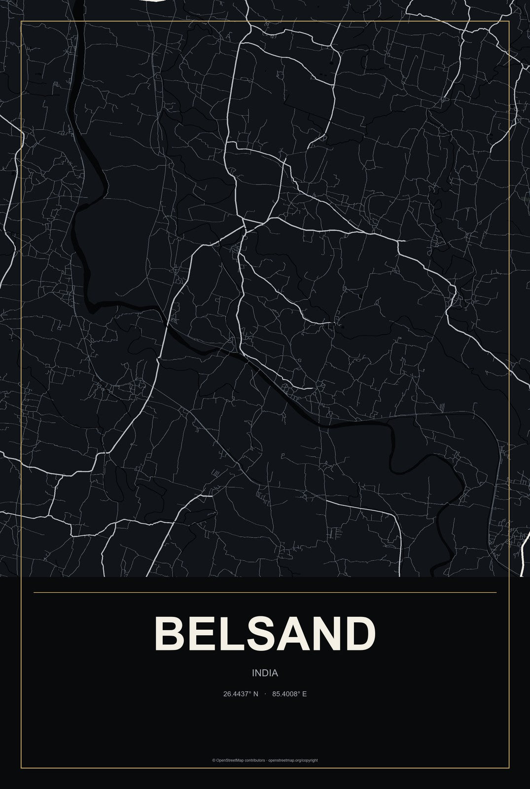 Belsand, India City Map Aluminum Sign in Metropolitan Noir style