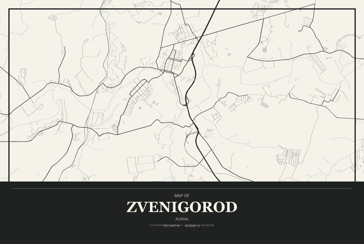 Zvenigorod, Russia City Map Aluminum Sign in Museum Plaque style