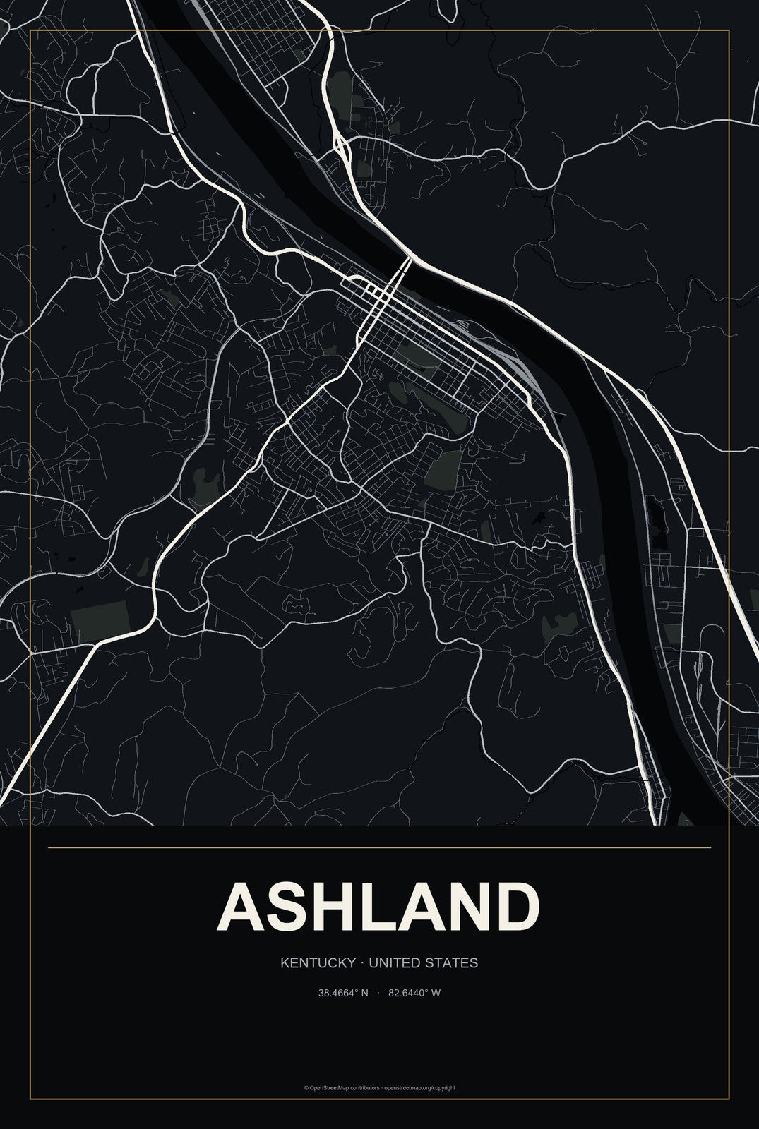 Ashland, Kentucky City Map Aluminum Sign in Metropolitan Noir style