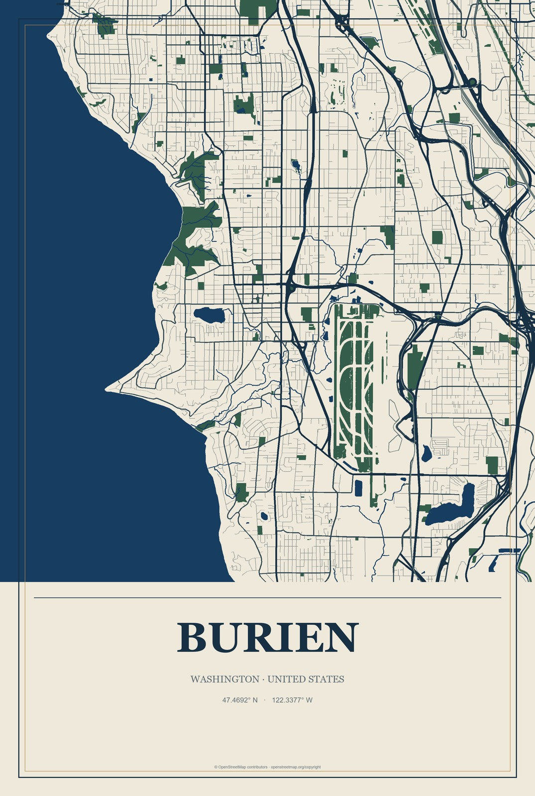 Burien, Washington City Map Aluminum Sign in Coastal Cutout style