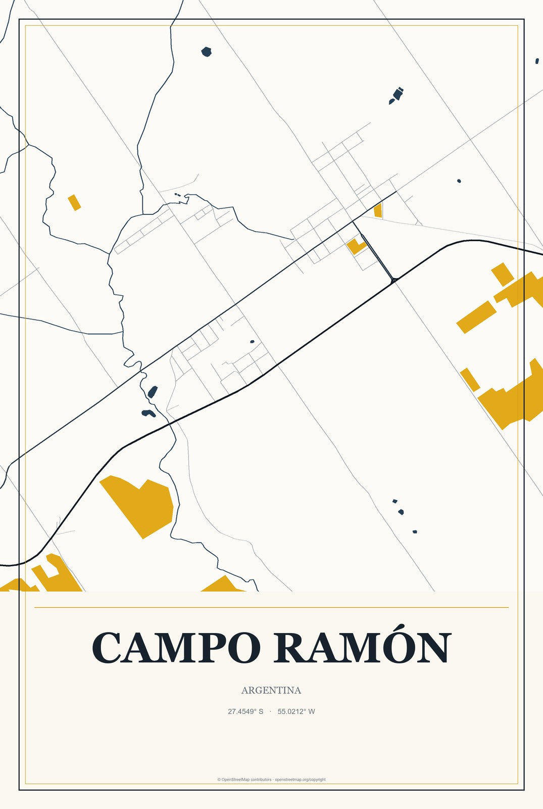 Campo Ramón, Argentina City Map Aluminum Sign in Citrine Modern style