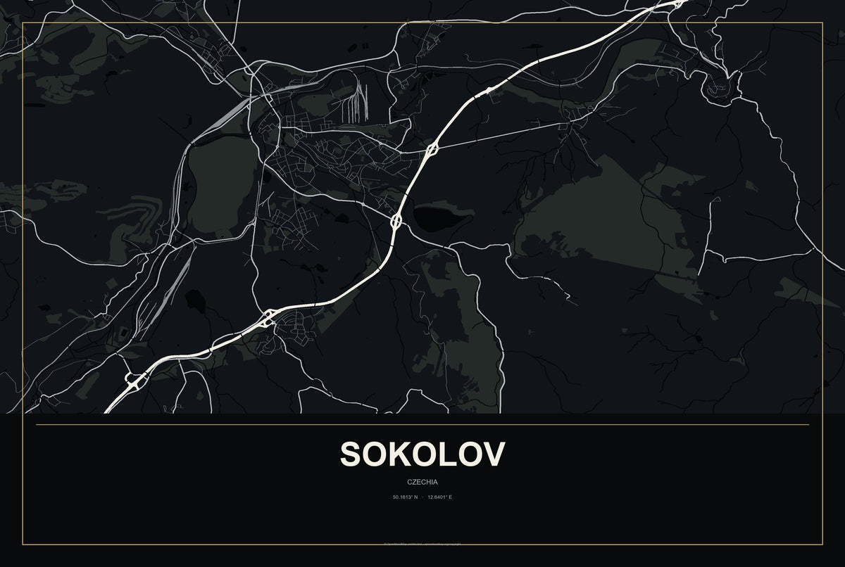 Sokolov, Czechia City Map Aluminum Sign in Metropolitan Noir style