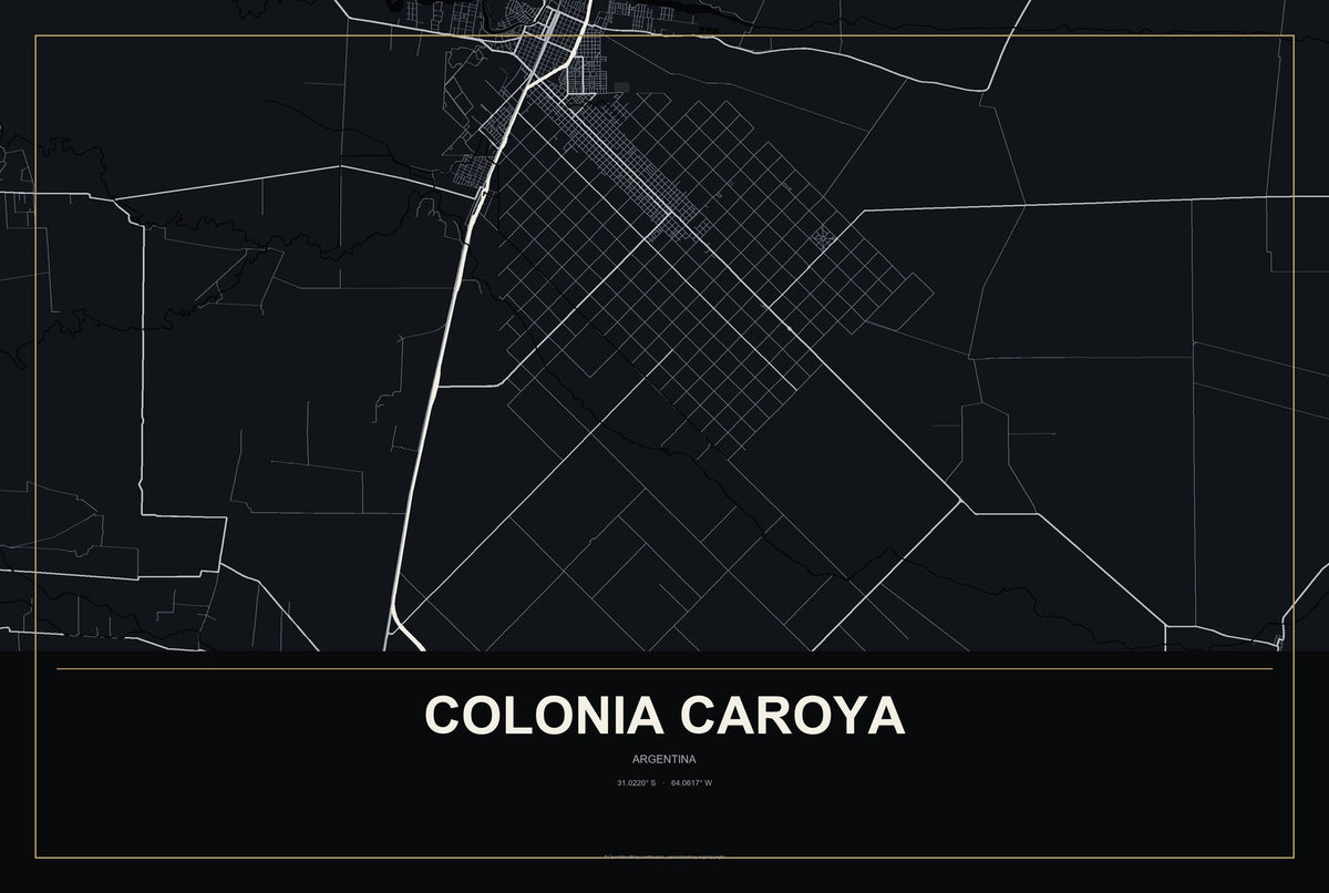 Colonia Caroya, Argentina City Map Aluminum Sign in Metropolitan Noir style