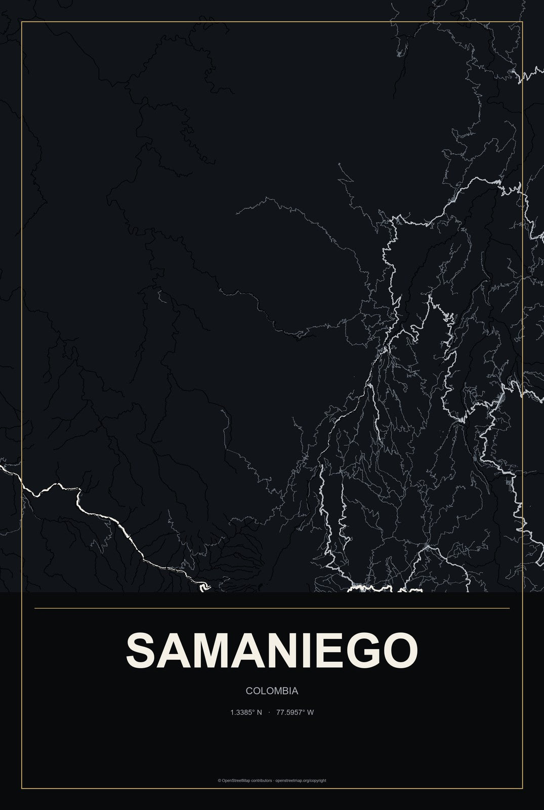 Samaniego, Colombia City Map Aluminum Sign in Metropolitan Noir style