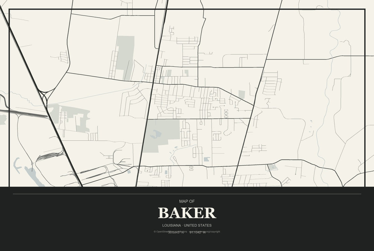 Baker, Louisiana City Map Aluminum Sign in Museum Plaque style