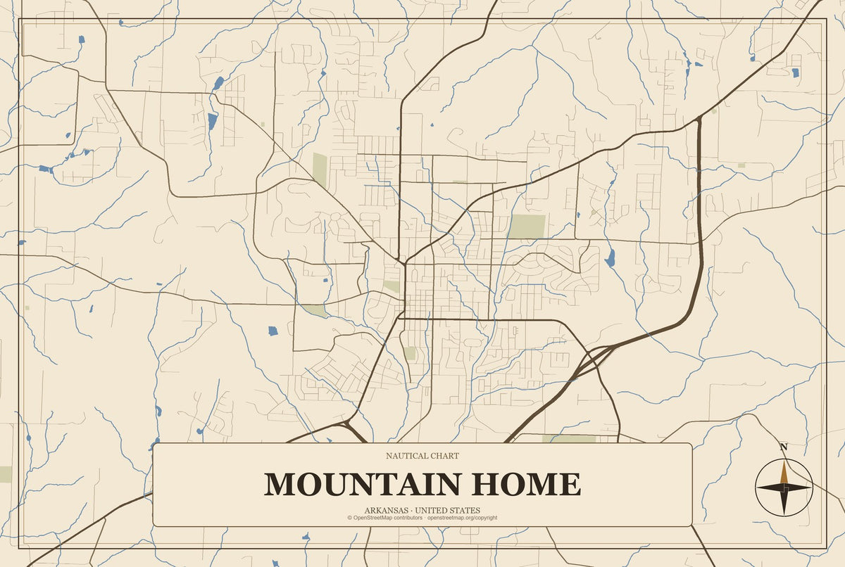Mountain Home, Arkansas City Map Aluminum Sign in Heritage Nautical style