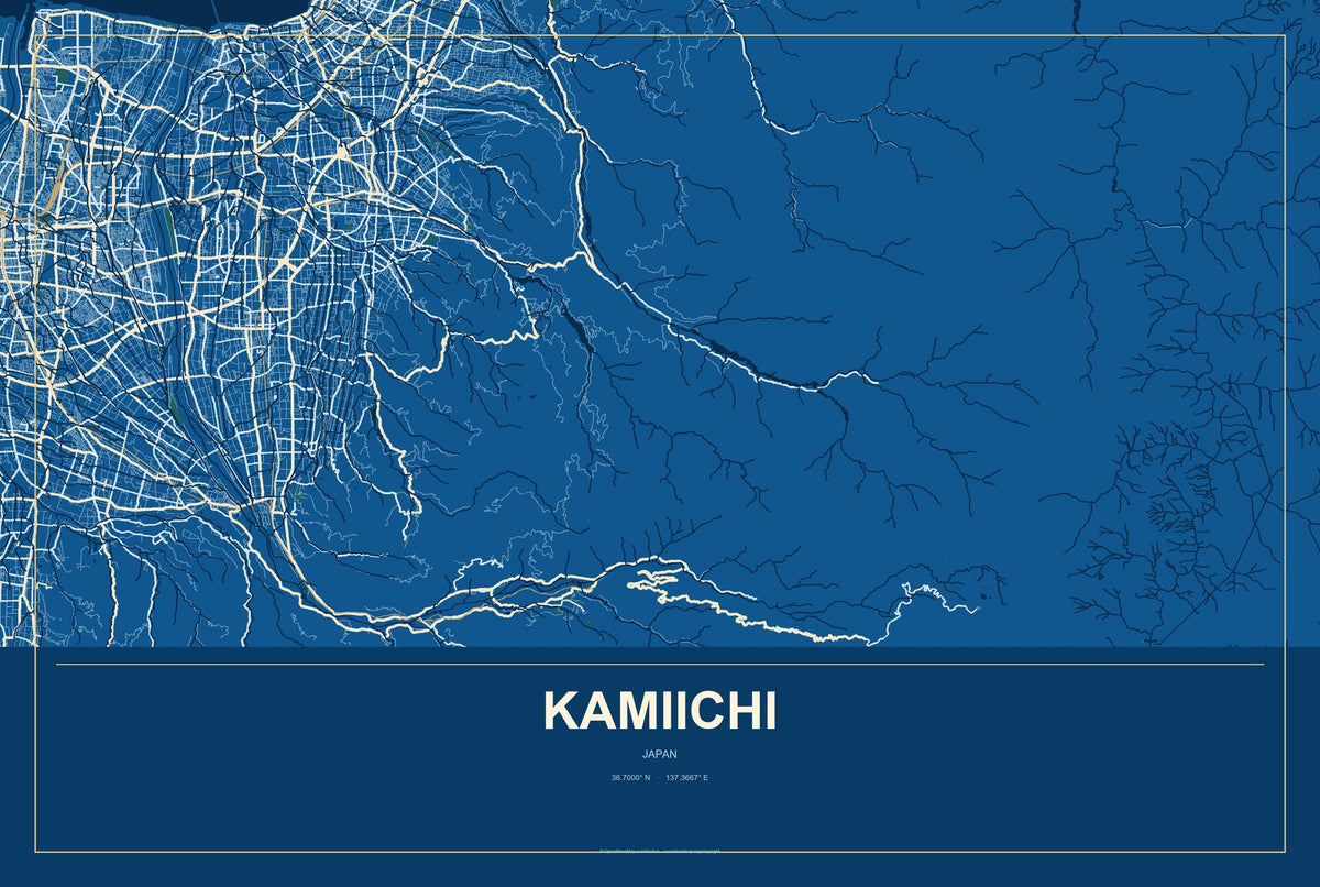 Kamiichi, Japan City Map Aluminum Sign in Harbor Cobalt style