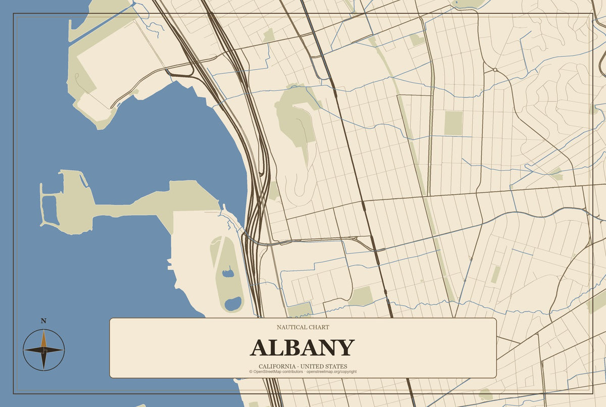 Albany, California City Map Aluminum Sign in Heritage Nautical style