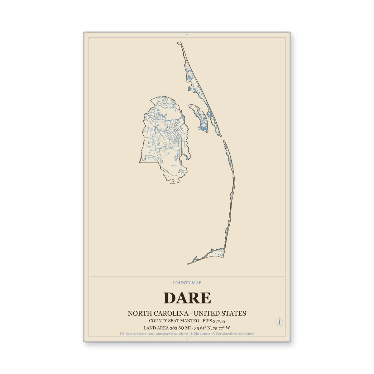 Dare County, North Carolina Map Aluminum Sign in Heritage Nautical style