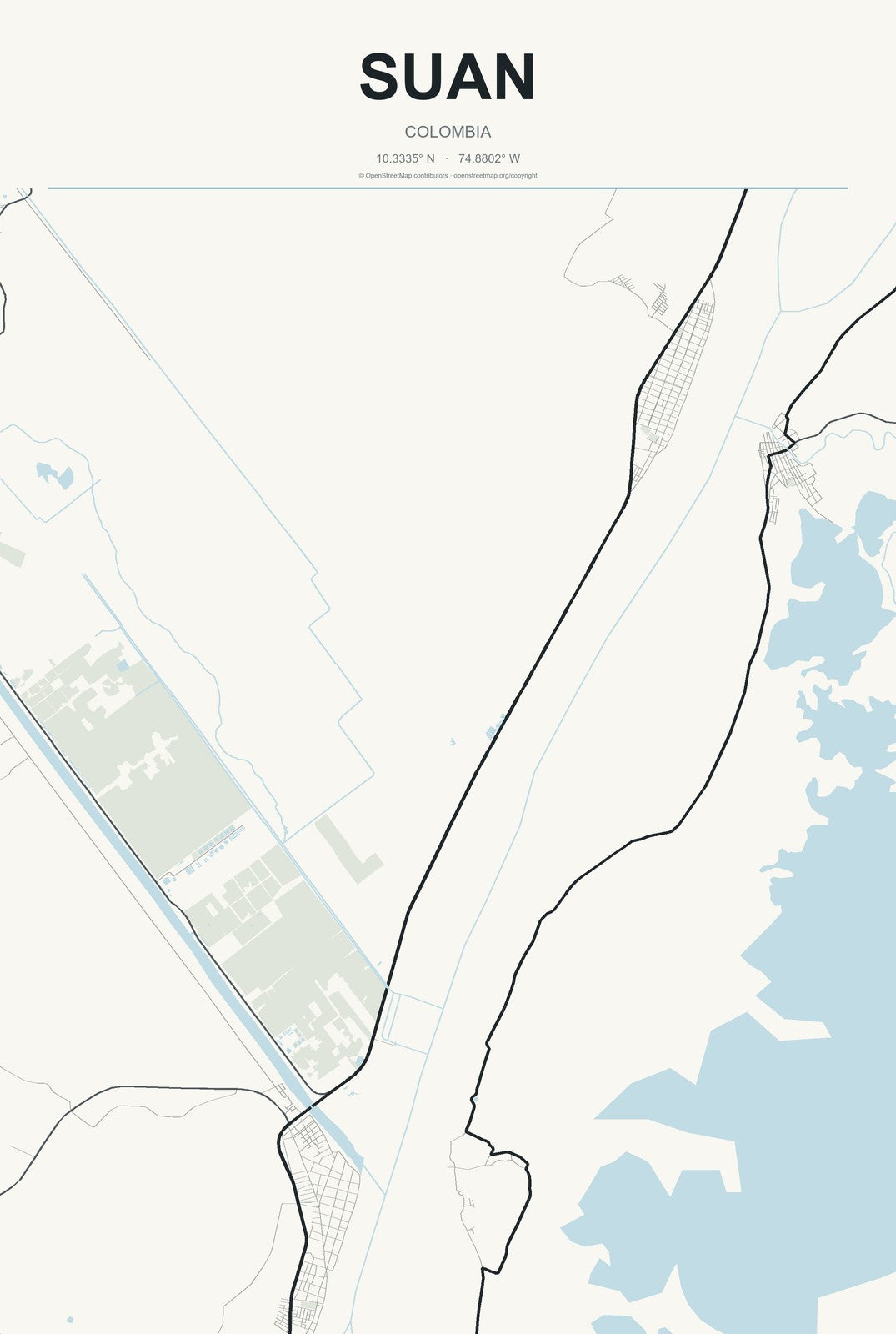 Suan, Colombia City Map Aluminum Sign in Headline Atlas style