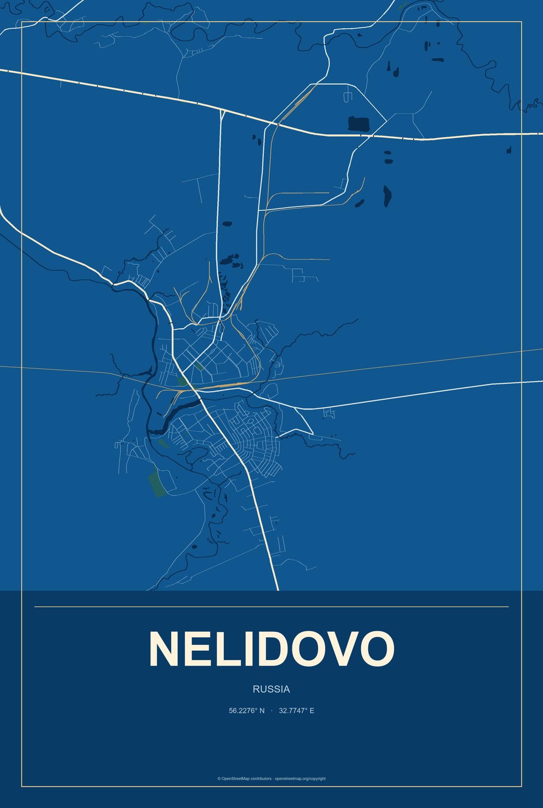 Nelidovo, Russia City Map Aluminum Sign in Harbor Cobalt style
