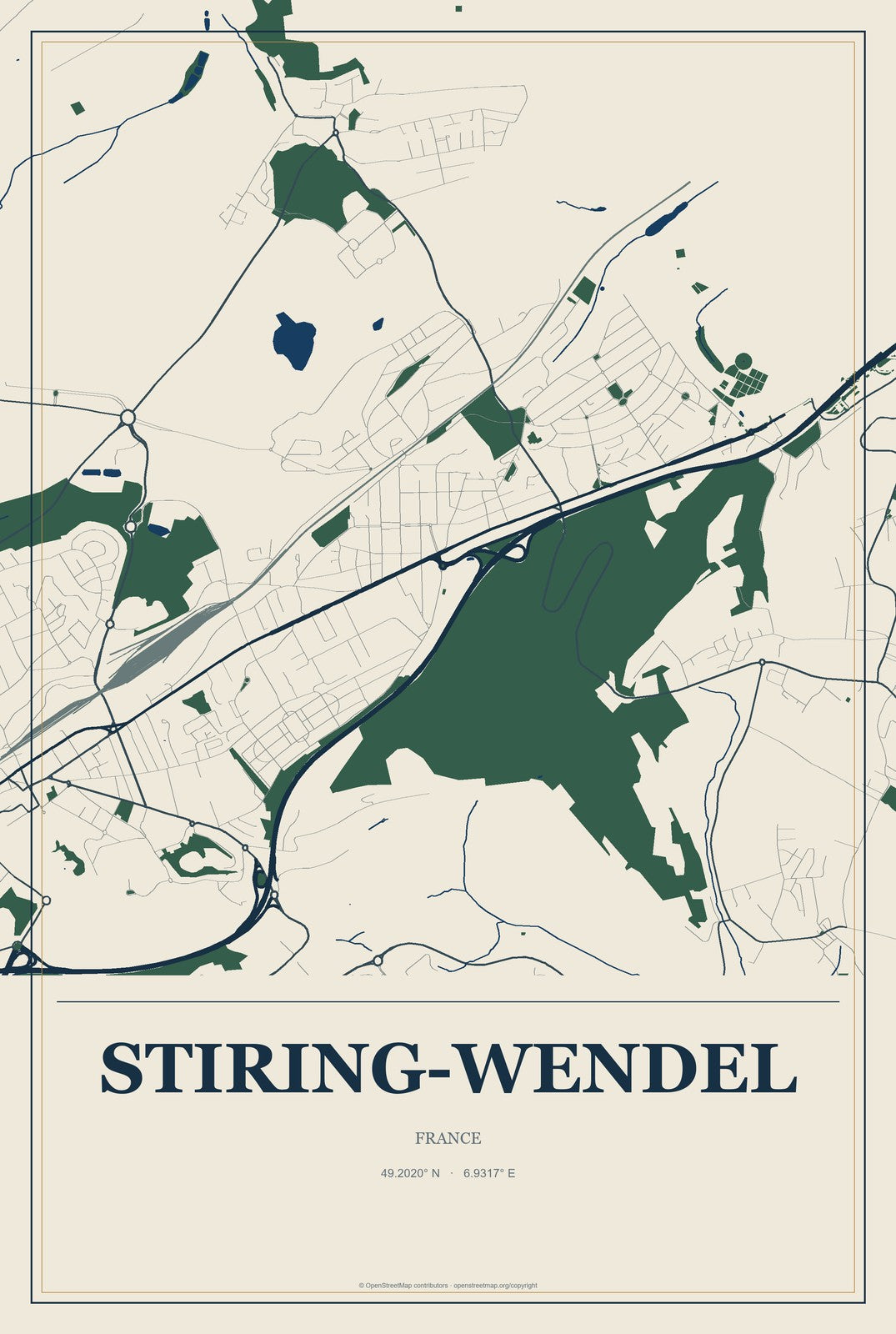Stiring-Wendel, France City Map Aluminum Sign in Coastal Cutout style