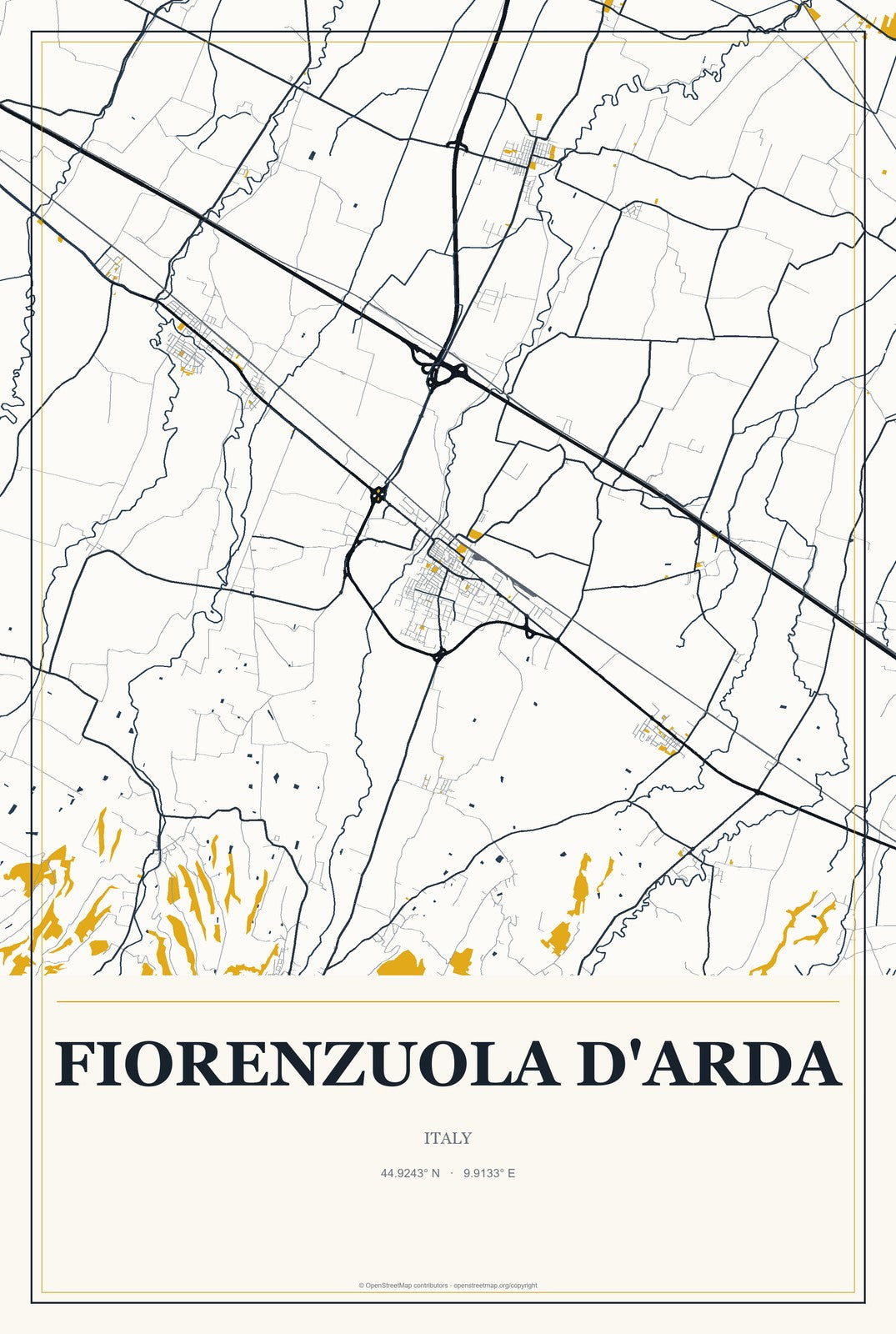 Fiorenzuola d'Arda, Italy City Map Aluminum Sign in Citrine Modern style