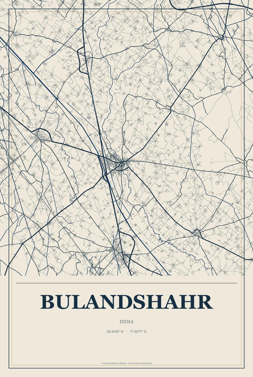 Bulandshahr, India City Map Aluminum Sign in Coastal Cutout style