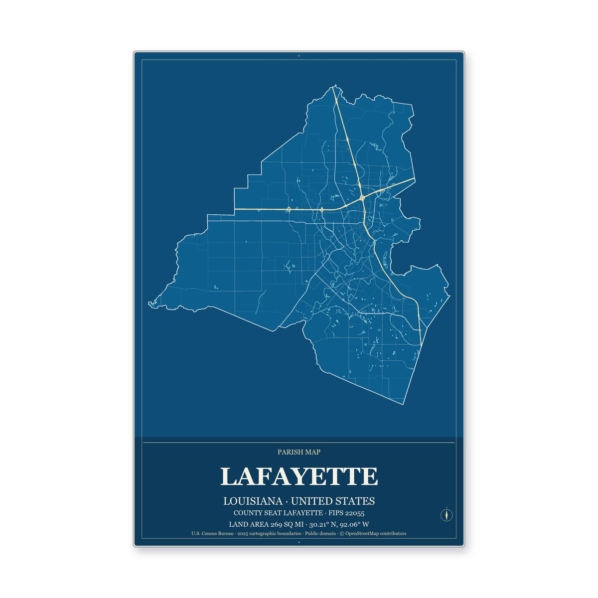 Lafayette Parish, Louisiana Map Aluminum Sign in Harbor Cobalt style