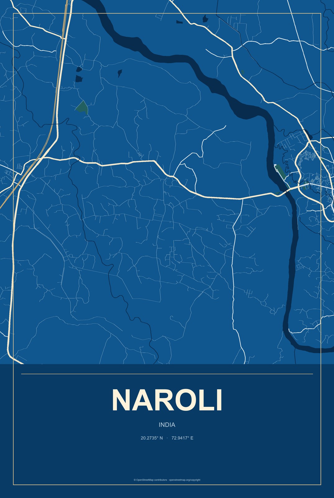 Naroli, India City Map Aluminum Sign in Harbor Cobalt style