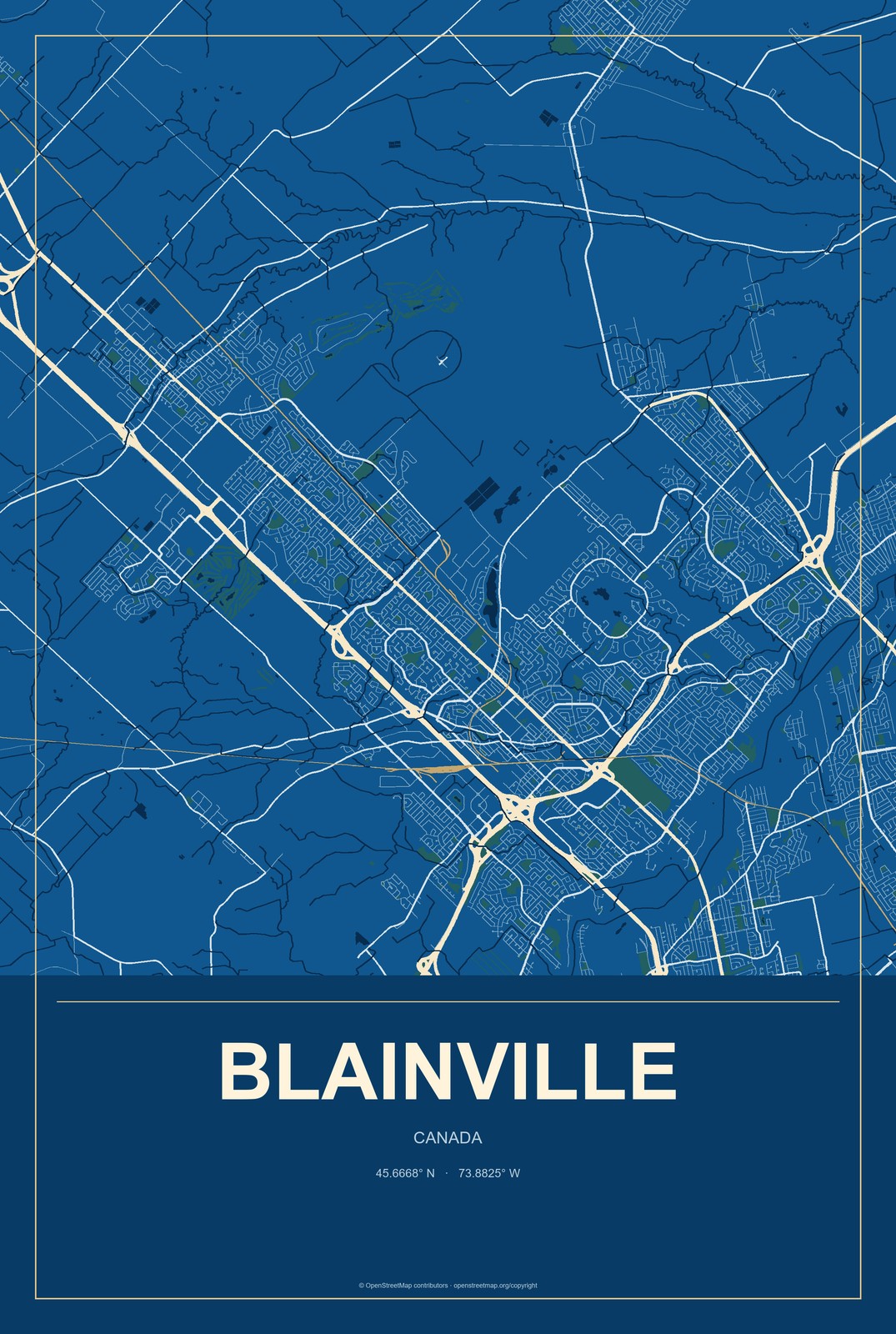 Blainville, Canada City Map Aluminum Sign in Harbor Cobalt style