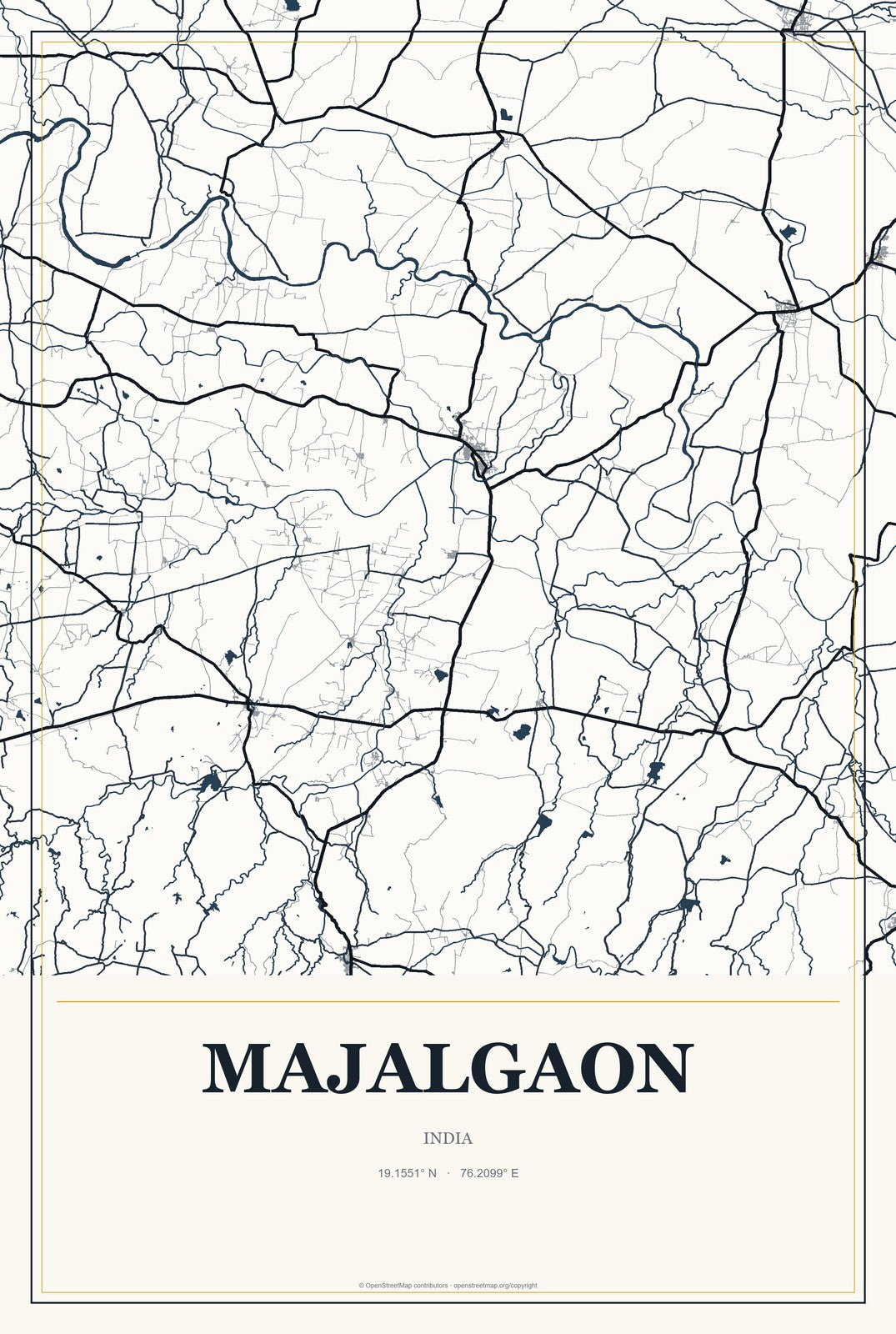 Majalgaon, India City Map Aluminum Sign in Citrine Modern style
