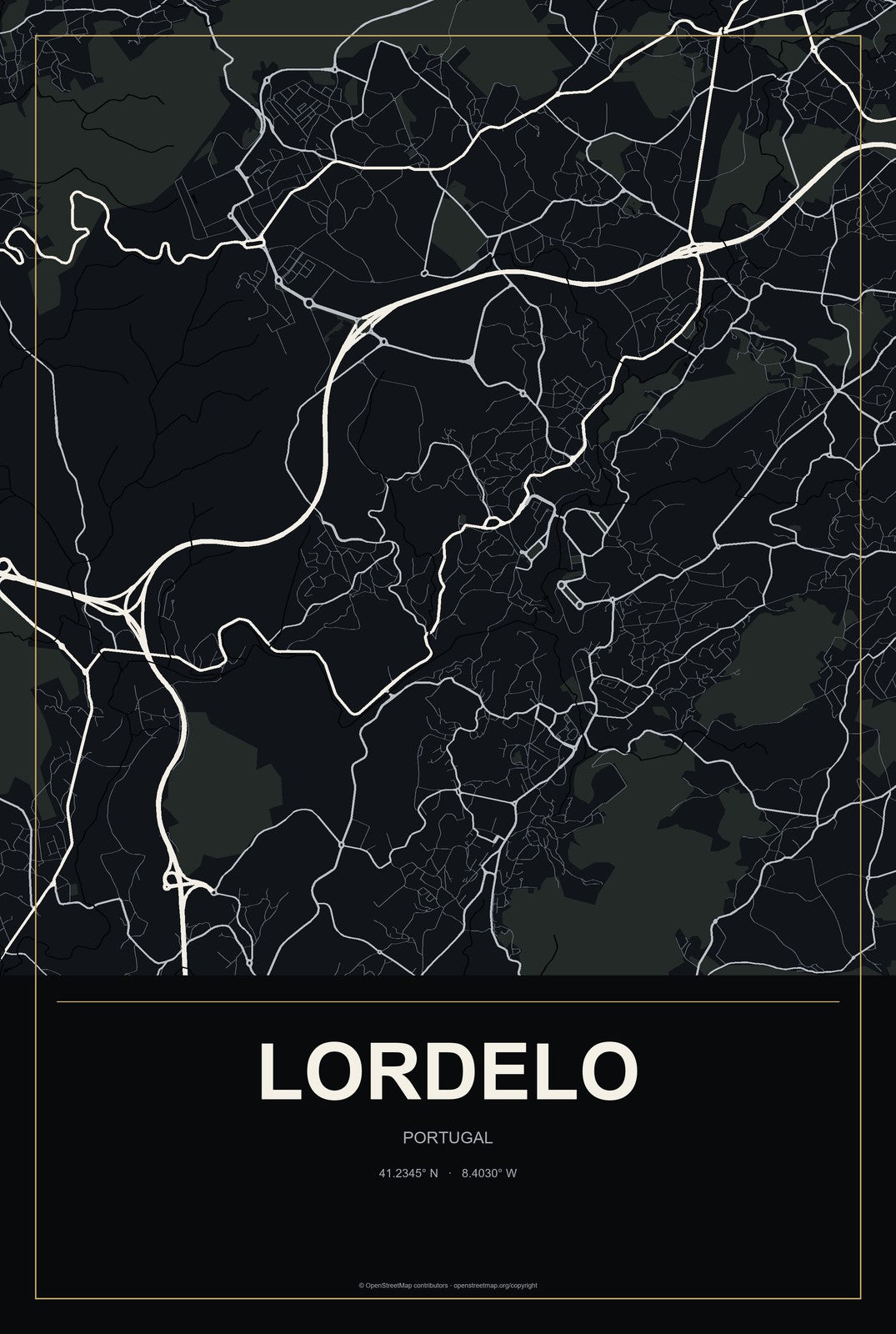 Lordelo, Portugal City Map Aluminum Sign in Metropolitan Noir style