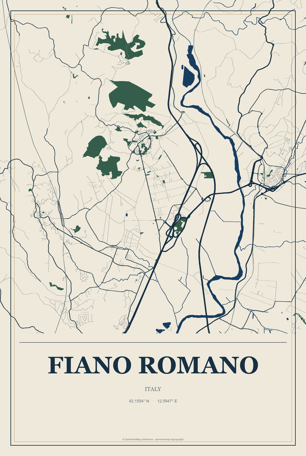 Fiano Romano, Italy City Map Aluminum Sign in Coastal Cutout style