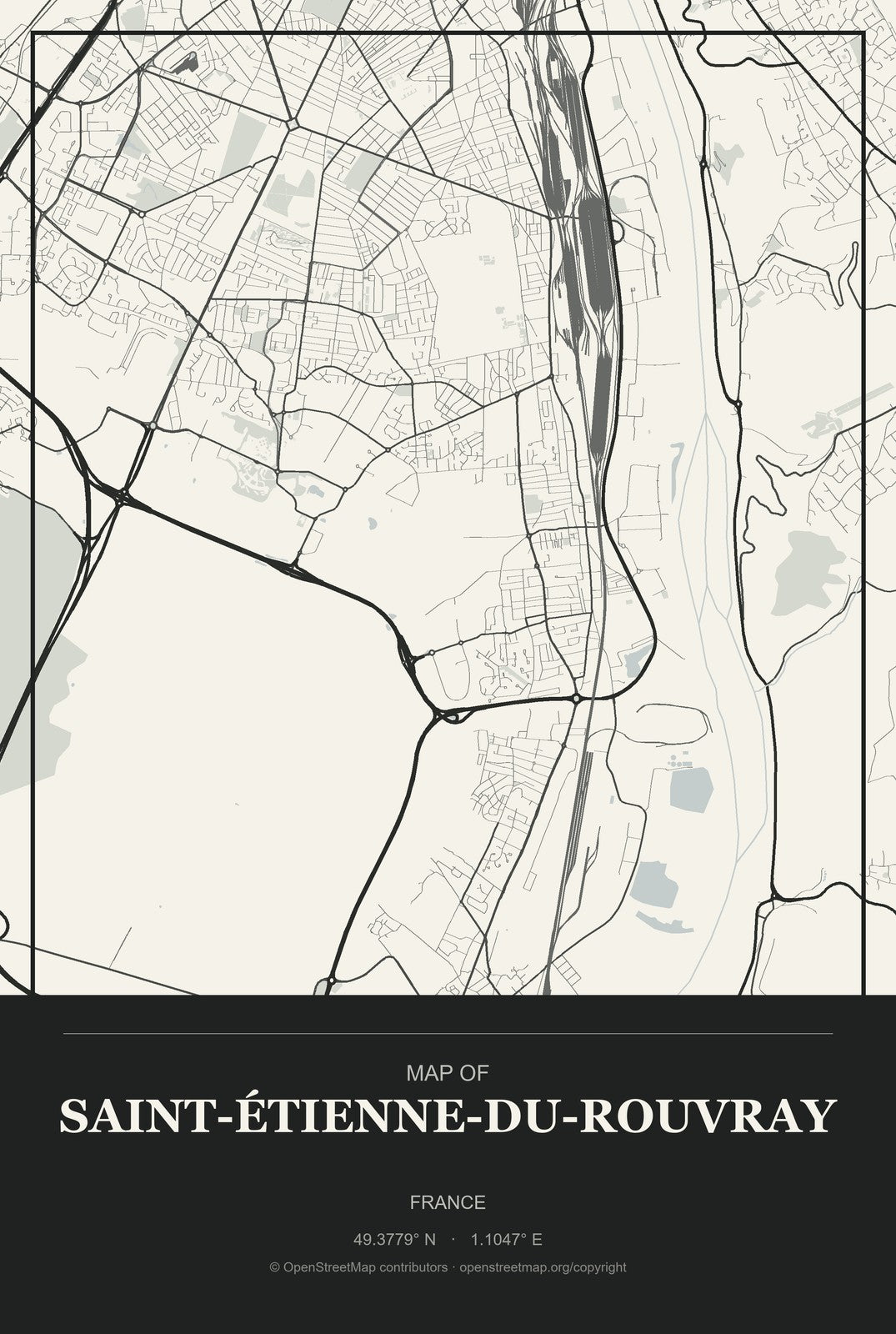 Saint-Étienne-du-Rouvray, France City Map Aluminum Sign in Museum Plaque style