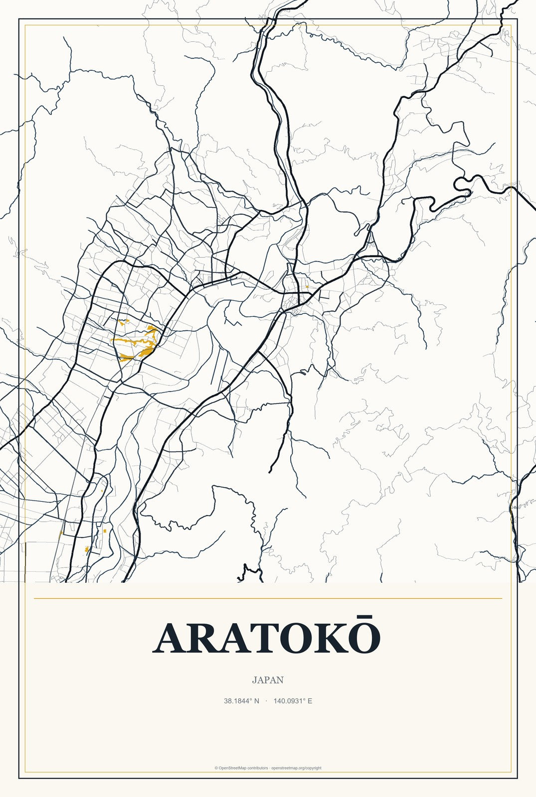 Aratokō, Japan City Map Aluminum Sign in Citrine Modern style