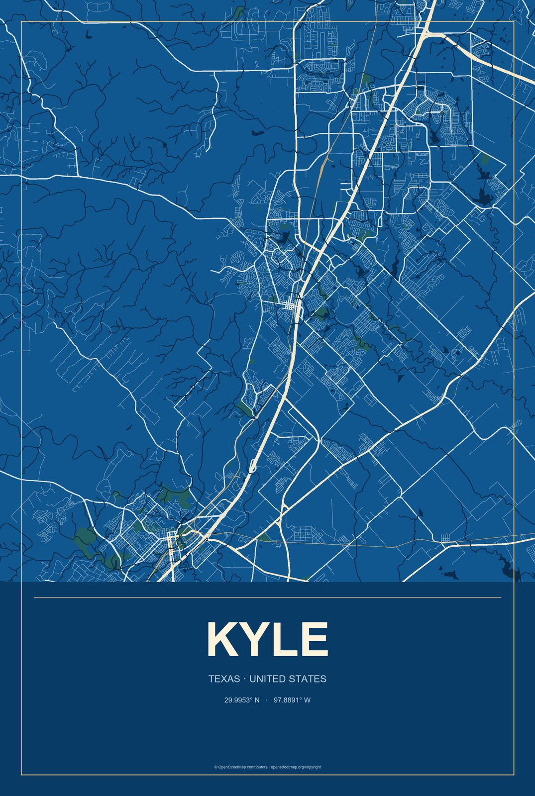 Kyle, Texas City Map Aluminum Sign in Harbor Cobalt style