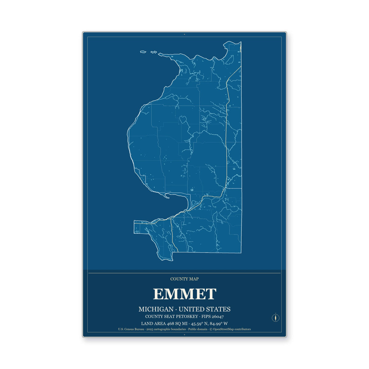 Emmet County, Michigan Map Aluminum Sign in Harbor Cobalt style