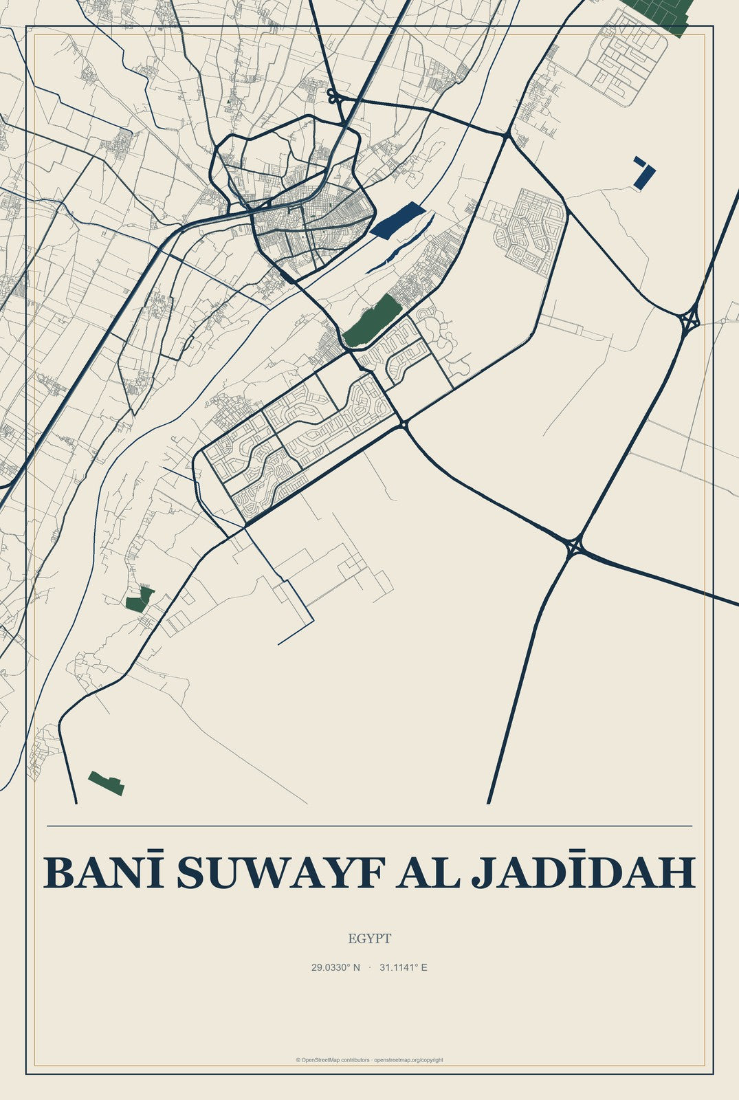 Banī Suwayf al Jadīdah, Egypt City Map Aluminum Sign in Coastal Cutout style