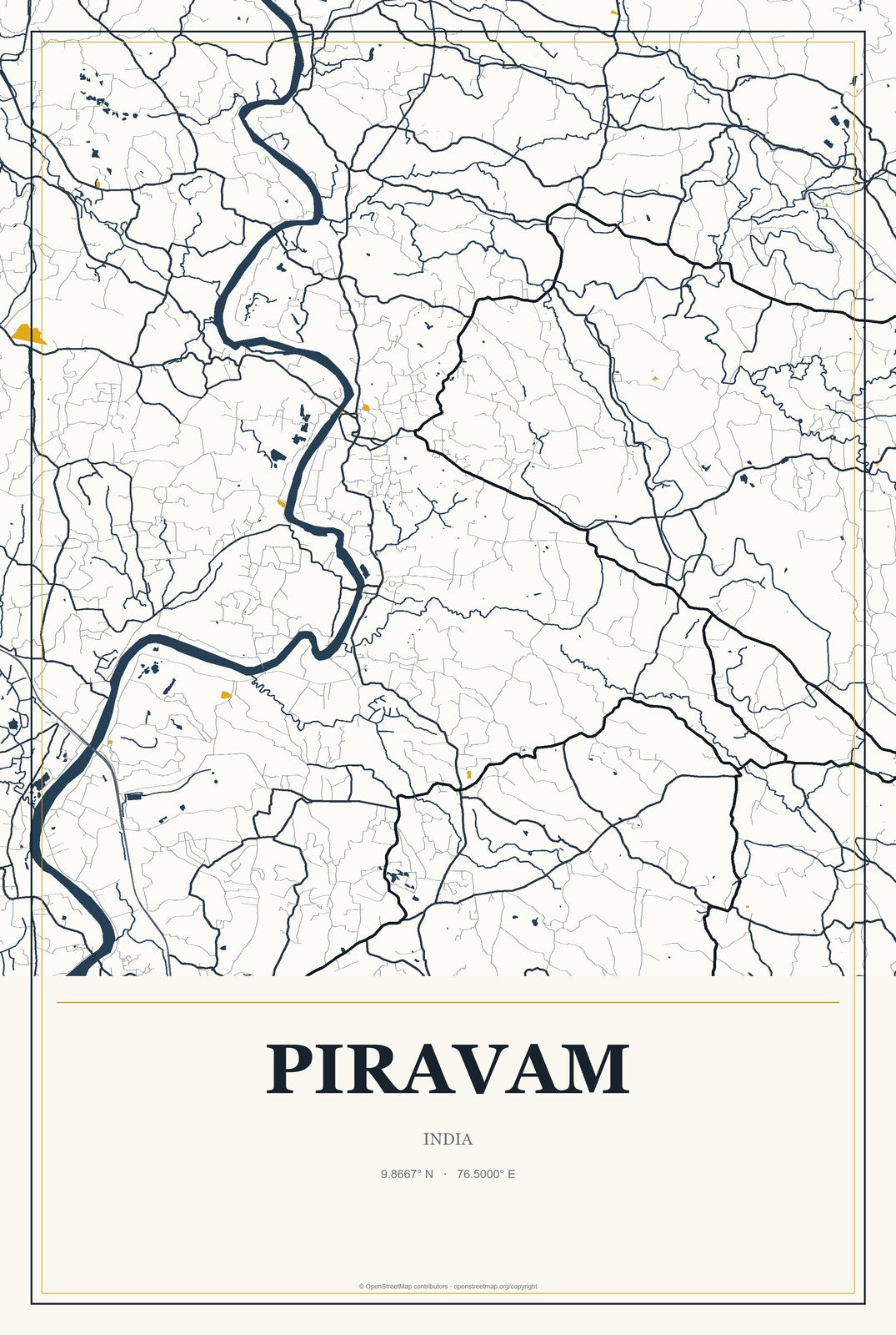 Piravam, India City Map Aluminum Sign in Citrine Modern style
