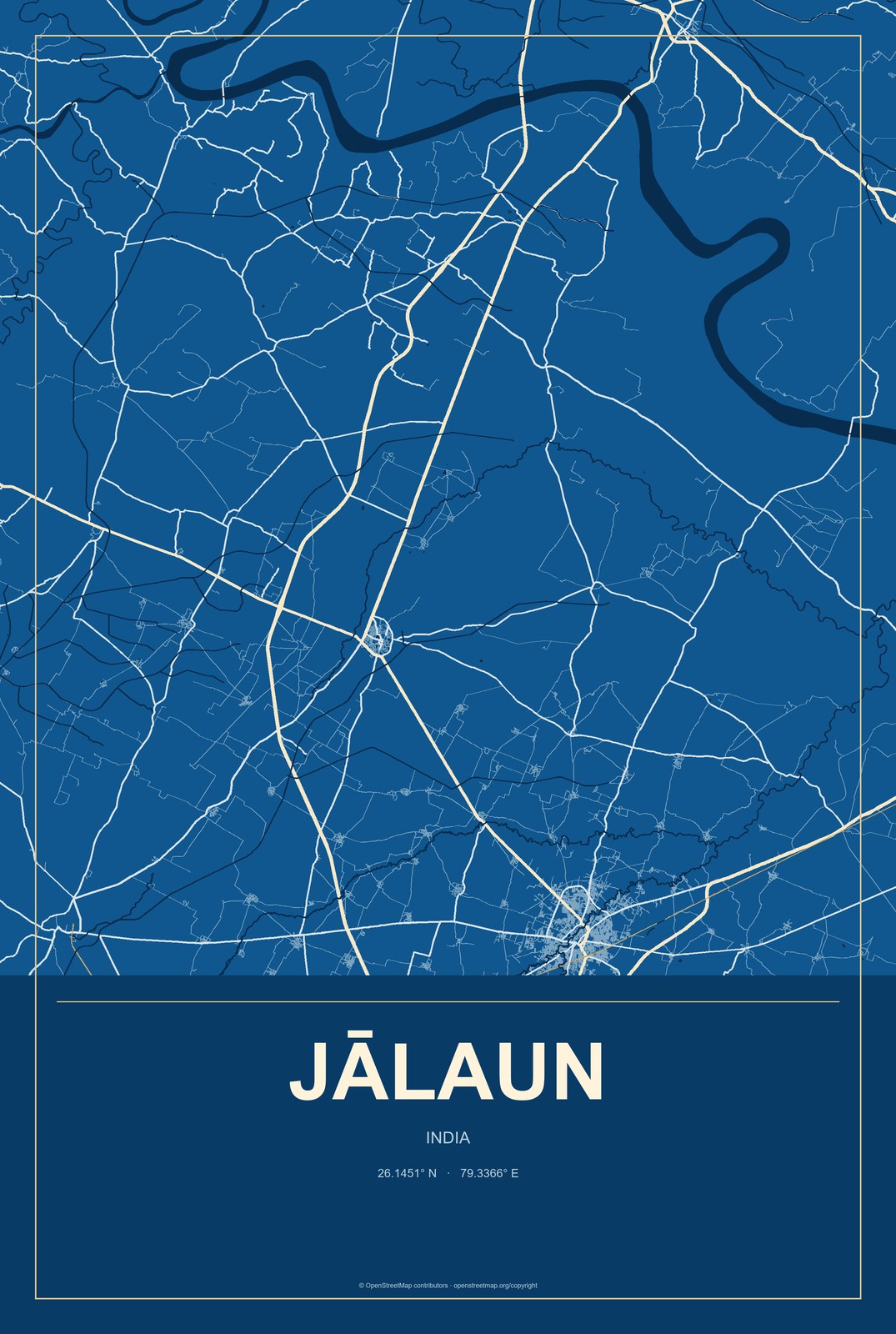 Jālaun, India City Map Aluminum Sign in Harbor Cobalt style