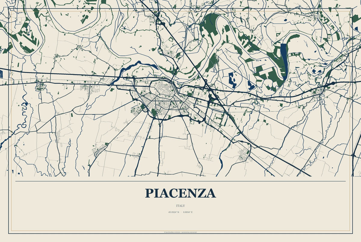 Piacenza, Italy City Map Aluminum Sign in Coastal Cutout style