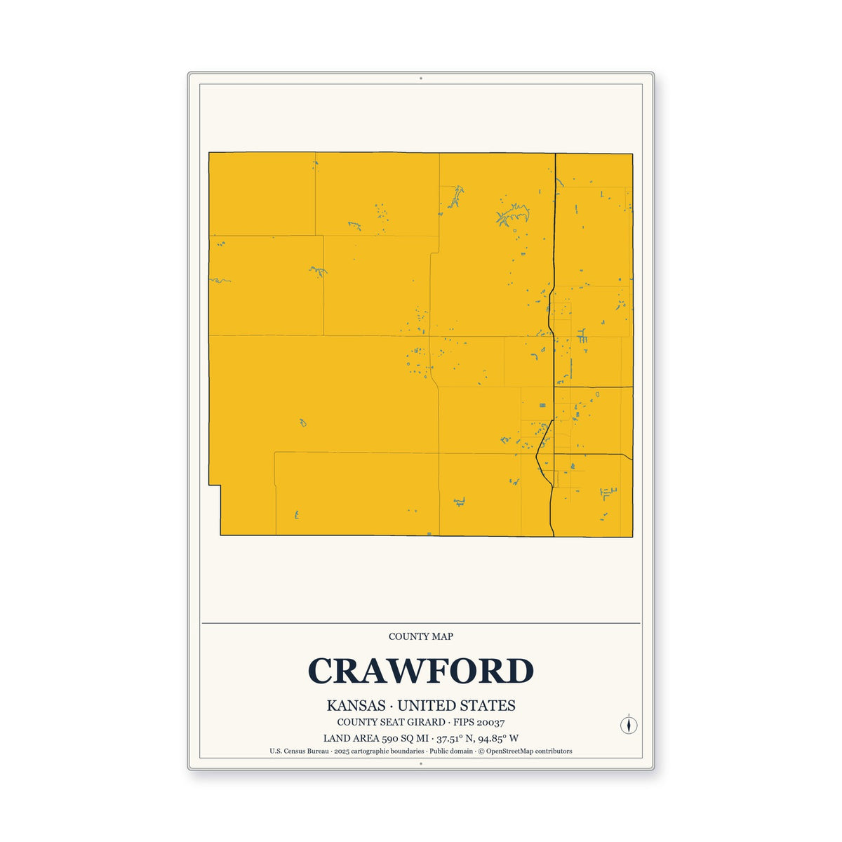 Crawford County, Kansas Map Aluminum Sign in Citrine Modern style
