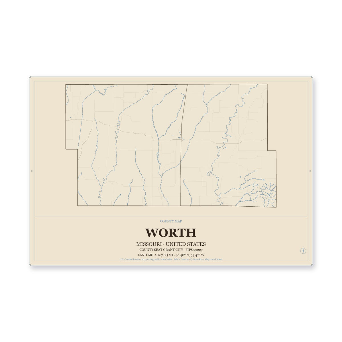 Worth County, Missouri Map Aluminum Sign in Heritage Nautical style