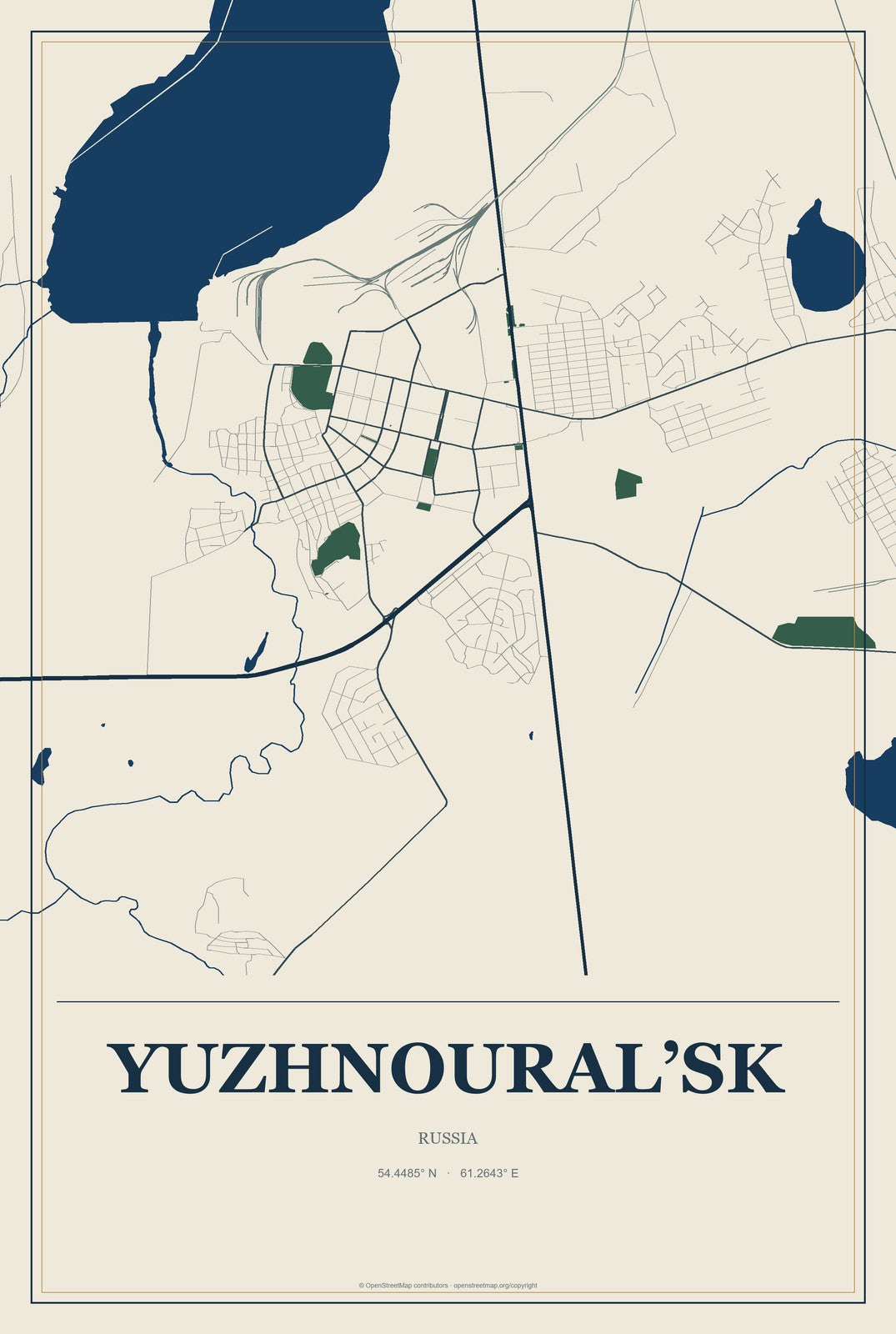 Yuzhnoural’sk, Russia City Map Aluminum Sign in Coastal Cutout style