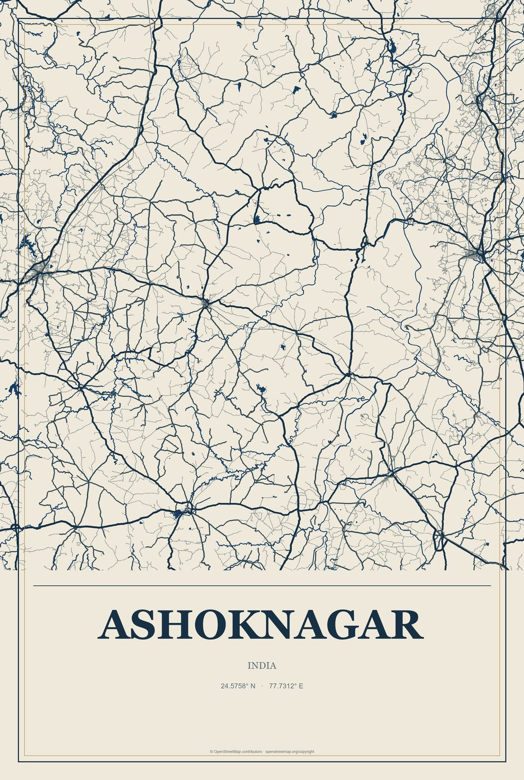 Ashoknagar, India City Map Aluminum Sign in Coastal Cutout style