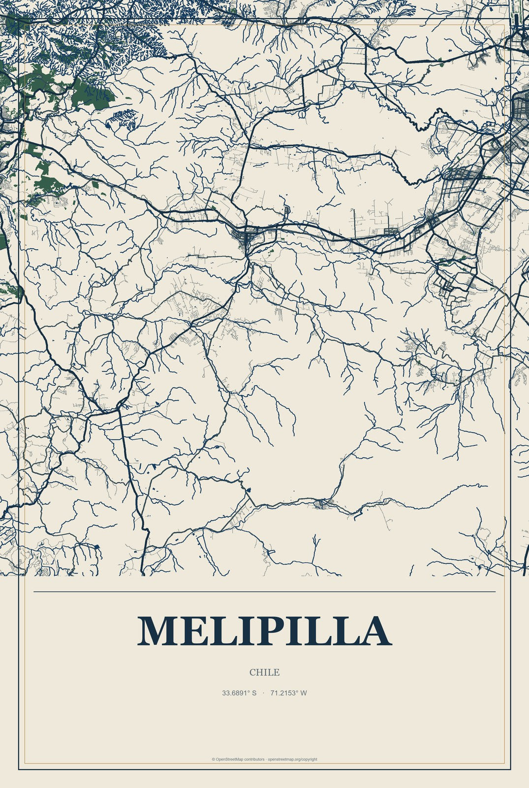 Melipilla, Chile City Map Aluminum Sign in Coastal Cutout style