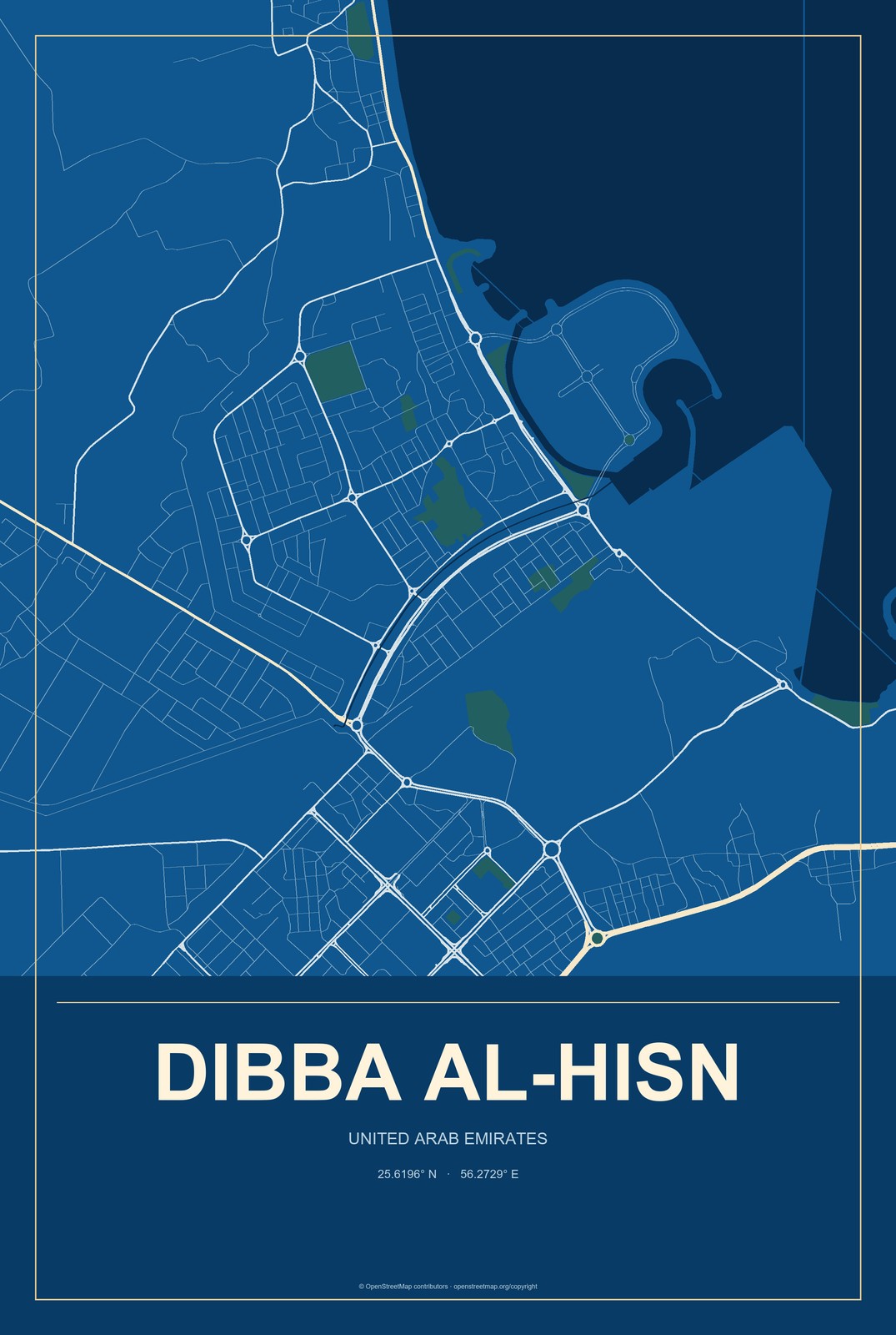 Dibba Al-Hisn, United Arab Emirates City Map Aluminum Sign in Harbor Cobalt style