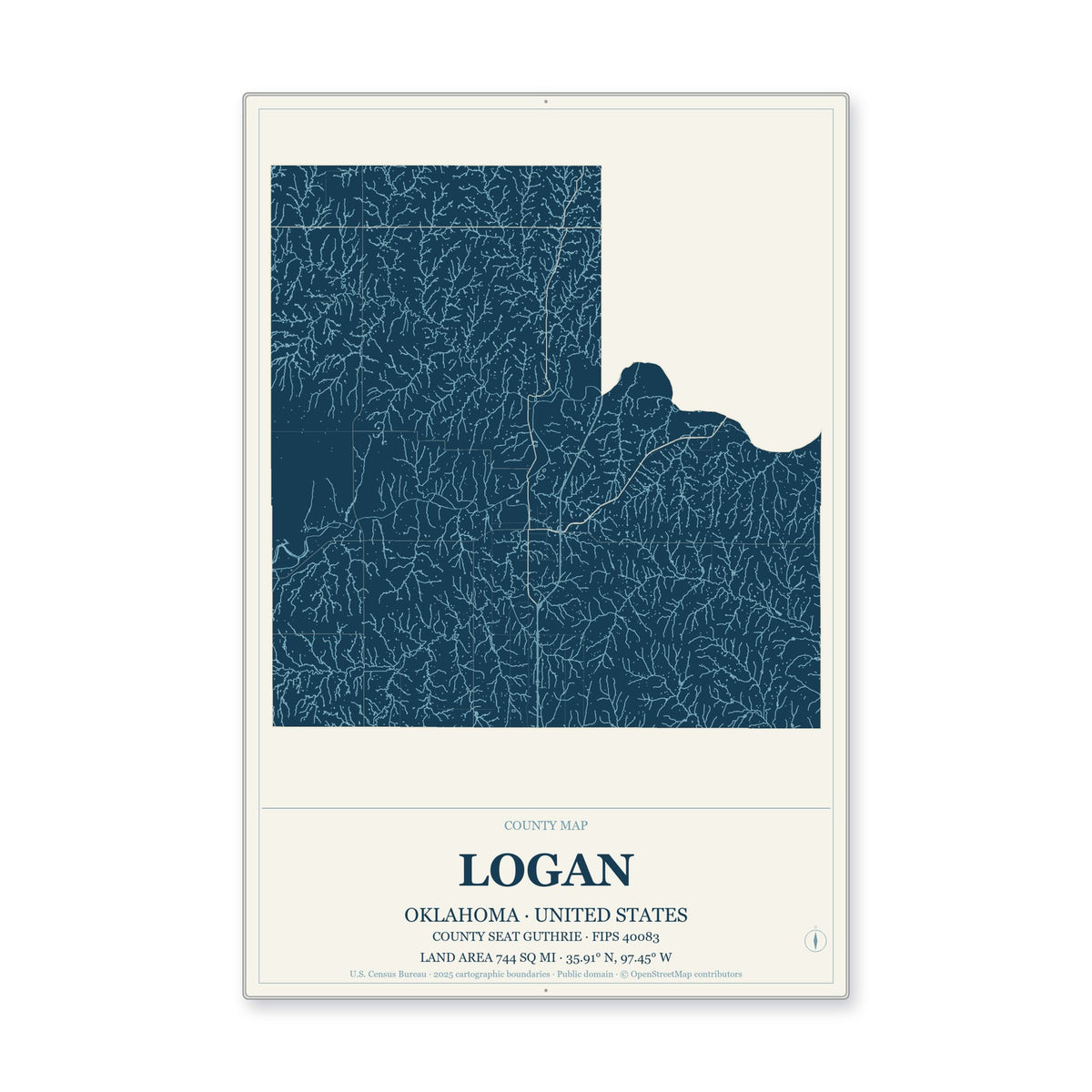 Logan County, Oklahoma Map Aluminum Sign in Coastal Cutout style