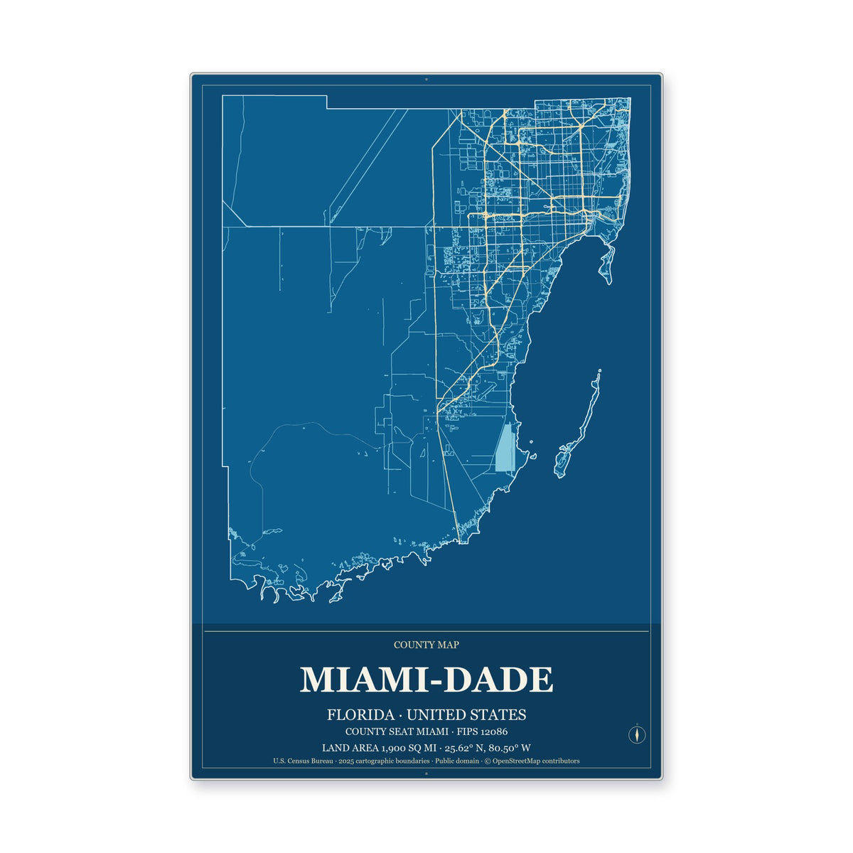 Miami-Dade County, Florida Map Aluminum Sign in Harbor Cobalt style