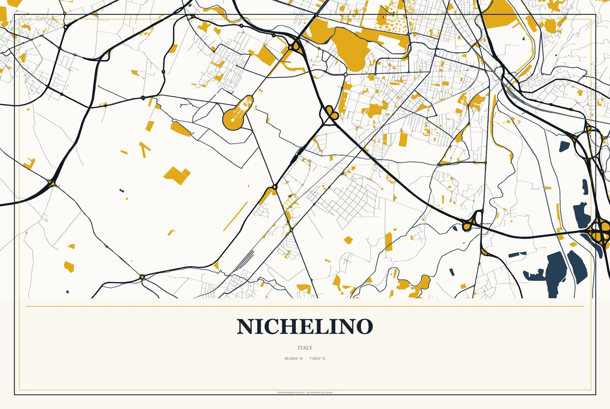 Nichelino, Italy City Map Aluminum Sign in Citrine Modern style