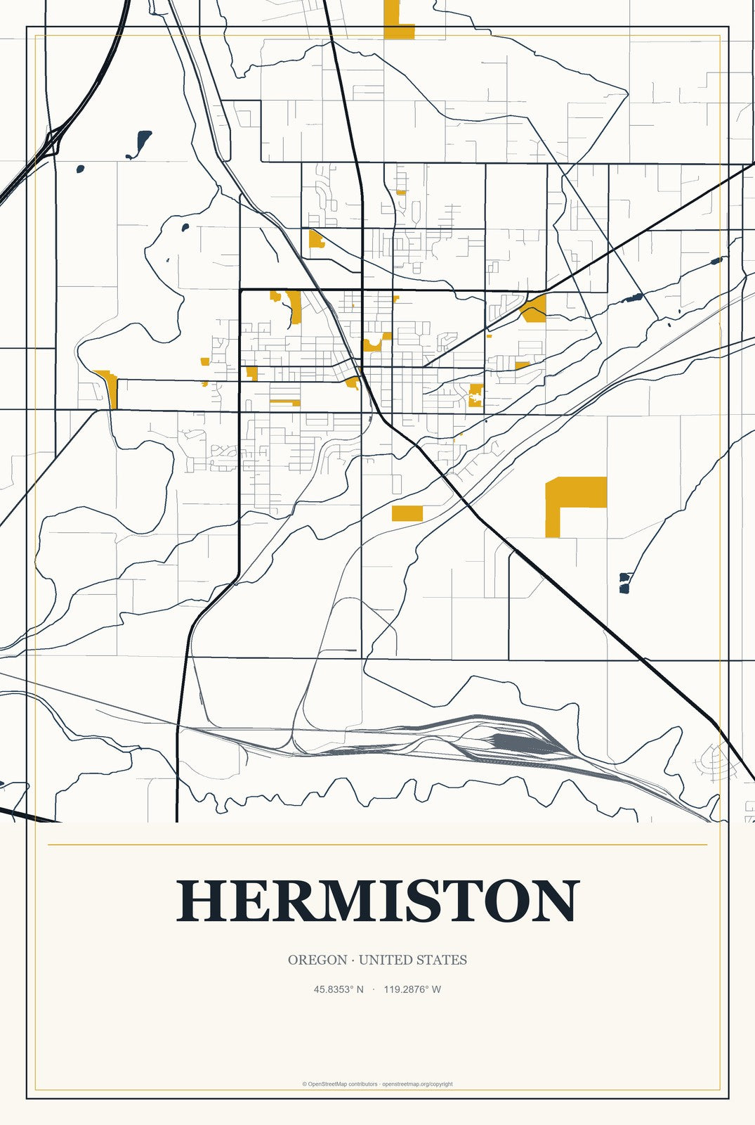 Hermiston, Oregon City Map Aluminum Sign in Citrine Modern style