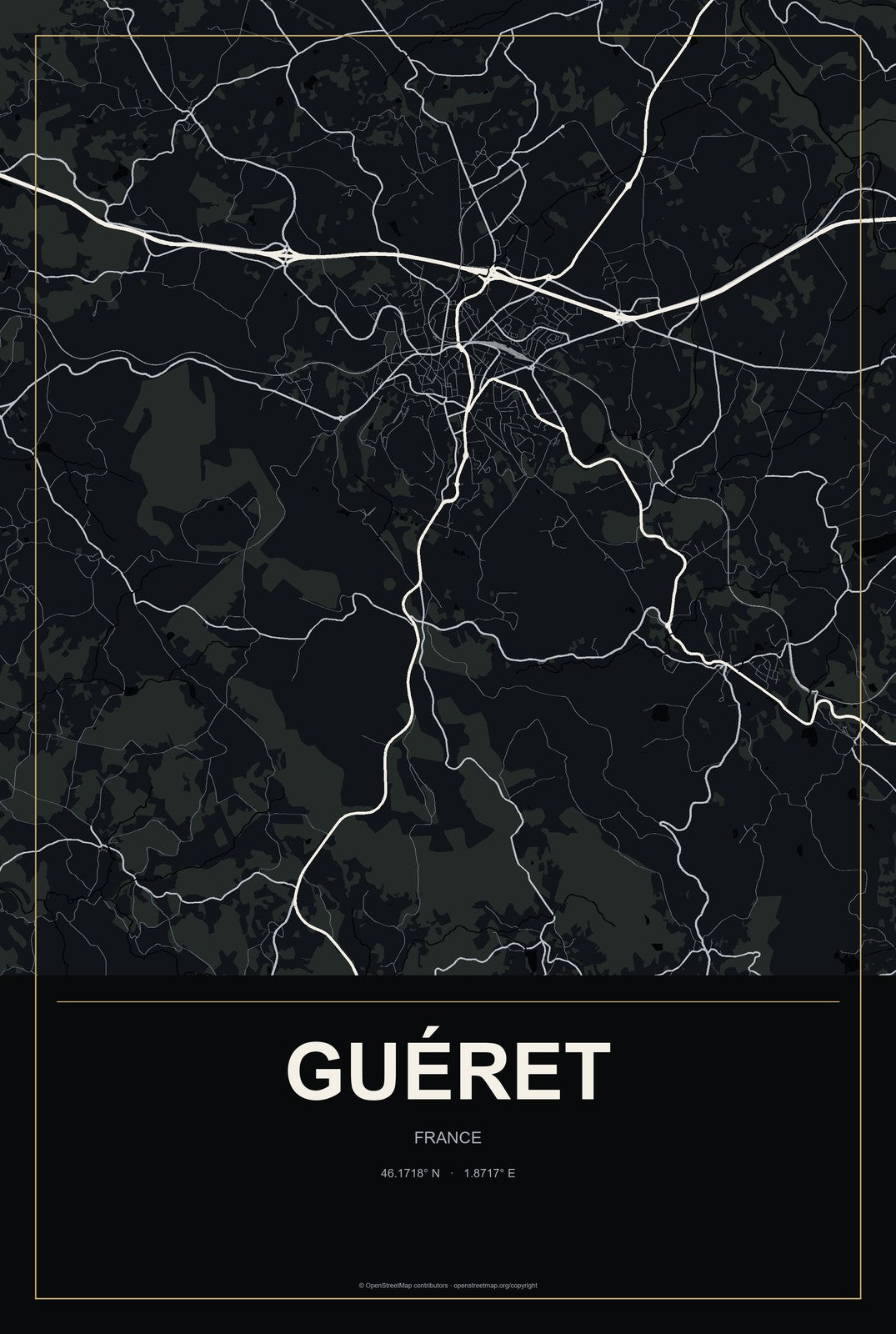 Guéret, France City Map Aluminum Sign in Metropolitan Noir style